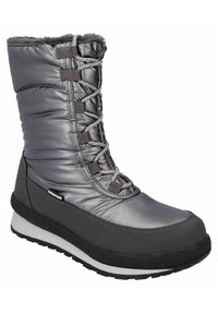Wodoodporne szare zimowe buty z ocieplanym cholewką, sznurowanym zapięciem, teksturowaną podeszwą i białą podeszwą środkową. Fleece wyściółka przy kołnierzu.