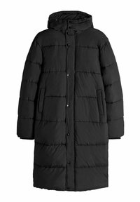 Sort pufferjakke med hætte, prydet med et quiltet design, trykknaplukninger og sidelommer. Stoffet ser glat og isoleret ud.