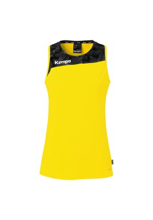 Haut de sport jaune sans manches avec un empiècement noir à motifs et le logo "Kempa" blanc sur le côté gauche de la poitrine.