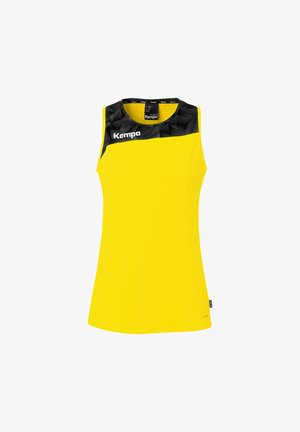 Haut de sport jaune sans manches avec un empiècement noir à motifs et le logo "Kempa" blanc sur le côté gauche de la poitrine.