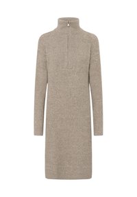 Abito maglione a costine beige con maniche lunghe, colletto alto e una cerniera frontale che si estende dal colletto fino a metà petto.