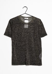 Top nero a maniche corte con un motivo dorato a macchie, scollo rotondo e una texture trasparente; progettato per una vestibilità comoda.