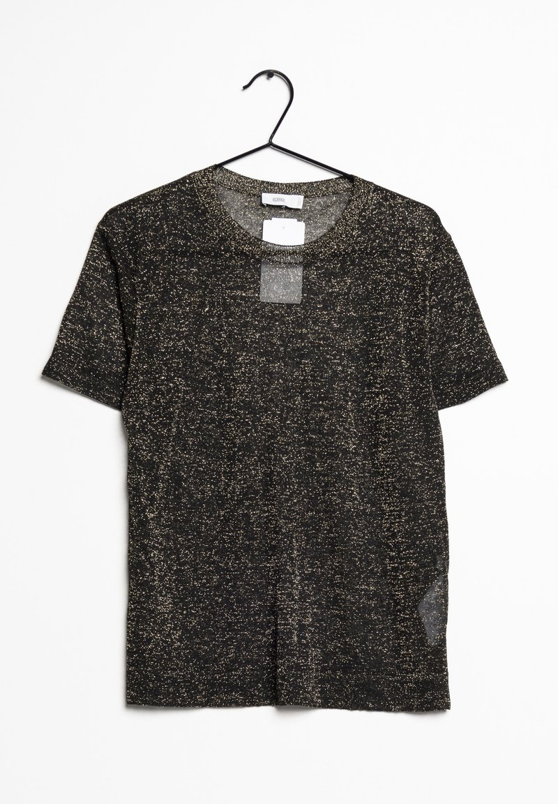 Top nero a maniche corte con un motivo dorato a macchie, scollo rotondo e una texture trasparente; progettato per una vestibilità comoda.