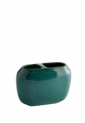 Contenitore in ceramica verde scuro lucido con due scomparti aperti, forma rettangolare arrotondata, superficie liscia e base piatta.