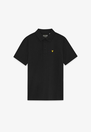 Schwarzes Poloshirt mit kurzen Ärmeln, Kragen, Drei-Knopf-Leiste und kleinem gelbem Vogel-Logo auf der linken Brustseite.