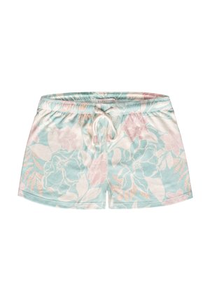 Floral printed shorts featuring a mint green background, drawstring waist, and a soft, lightweight fabric with pink and white floral patterns.