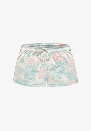 Korte broek met bloemenprint, mintgroene achtergrond, trekkoord in de taille en zachte, lichtgewicht stof met roze en witte bloemenpatronen.