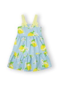 Vestido de algodón azul claro con un estampado de limones y flores, con dos tirantes de lazo amarillos y un diseño de falda con volantes en capas.