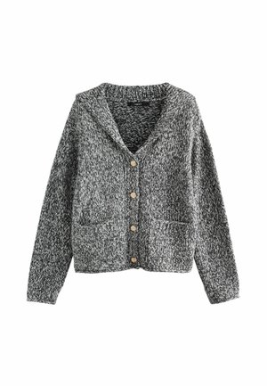 Cardigan a maglia grigio e nero con collo sciallato, cinque bottoni dorati e due tasche frontali. Tessuto strutturato con un aspetto accogliente.