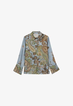 Camicia button-up a maniche lunghe in tessuto blu chiaro, caratterizzata da un motivo paisley in verde, marrone e arancione con dettagli floreali e polsini a campana.