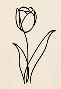 Illustration en contour noir d'une tulipe avec des pétales et des feuilles courbés sur un fond beige, mettant en avant un design minimaliste et des formes simples.