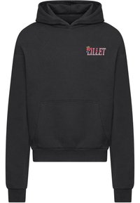 Čierna mikina s klokankou, so malým kvetinovým výšivkým logom "LILLET" na prsiach, vyrobená z jemného materiálu.