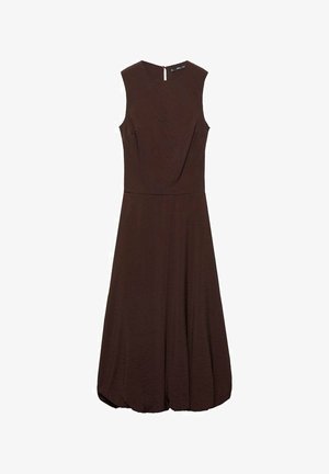 Brown sleeveless dress with a textured surface, fitted bodice, flared skirt, and a back zipper closure.