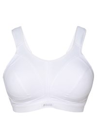 Sujeción deportiva blanca con tirantes anchos y estructura de soporte, diseñada para actividades de alto impacto, con el logo de Shock Absorber.