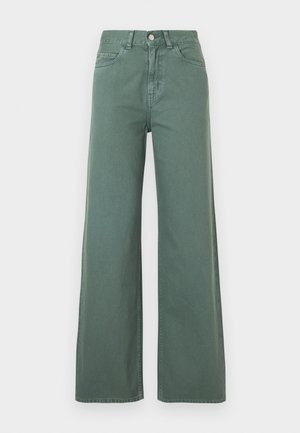High-waisted, wide-leg green denim jeans with front button, zipper fly, and five-pocket style.