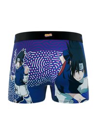 Boxers en tissu lisse avec un dégradé violet-bleu, ornés de graphismes de personnages de "Naruto" et d'une ceinture élastique noire.