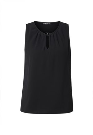 Juoda rankovių palaidinė su apvalia iškirpte, mažyte priekyje esančia raktelio formos įpjova ir sidabrine segtuku ant apykaklės.