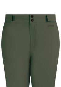 Olijfgroene broek van een gladde, lichte stof. Kenmerkt zich door een dubbel knoopsluiting, klittenbandaccenten en zij branding.
