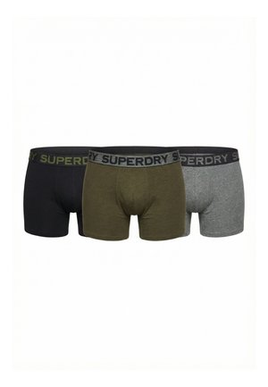 Lot de trois boxers homme Superdry en noir, vert olive et gris avec des ceintures à logo.