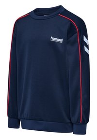 Marinblå sweatshirt med röda detaljer, långa ärmar, ribbade manschetter och rundad halsringning. Har "hummel PERFORMANCE"-logotypen på bröstet.