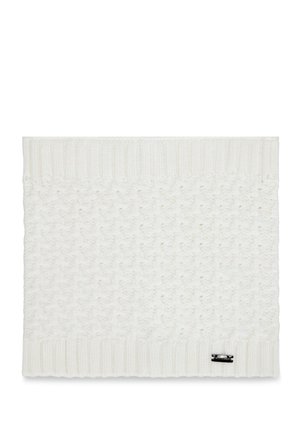 Tour de cou tricoté blanc avec motif texturé et bords côtelés. Comprend une petite étiquette de marque dans le coin inférieur droit. Tissu doux.