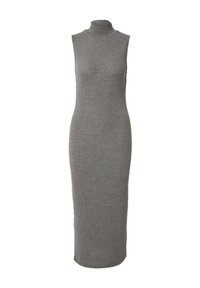 Graues, ärmelloses Rollkragenkleid aus weichem Strickstoff. Figurbetonte Silhouette mit geradem, knöchellangem Saum. Keine Muster oder Akzente sichtbar.