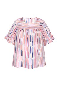 Kortærmet bluse i let, glat stof med et abstrakt stribemønster i pink, blå og hvid samt bølgede ærmekanter.