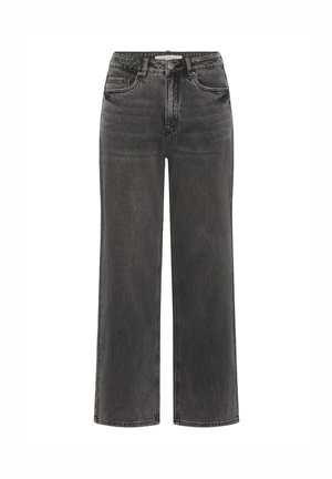 Zwarte wijd uitlopende jeans met een hoge taille, voorzien van een knoopsluiting, vijf zakken en een vervaagd oppervlak voor extra textuur.