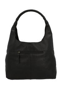 Black leather shoulder bag with a woven handle, featuring a front zipper pocket and a smooth texture. Clean design with minimal accents.