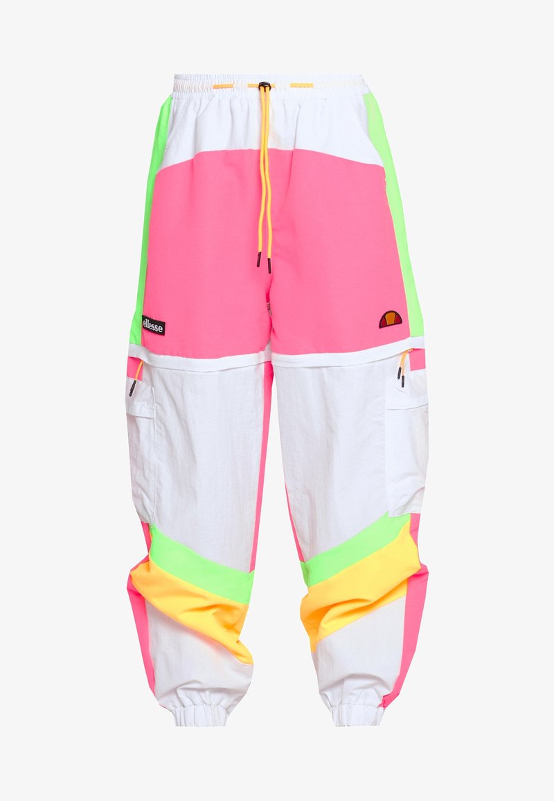 Colorful cargo pants featuring pink, white, green, and yellow panels. Elastic waistband with adjustable drawstring. Utility pockets on sides.