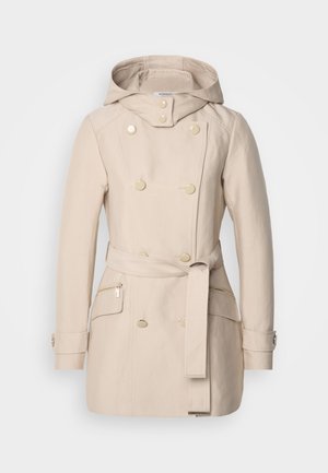 Beige trench coat with a hood, double-breasted design, large buttons, tie belt at waist, and side zippered pockets. Smooth fabric texture.