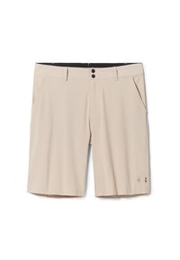 Beige shorts lavet af letvægtsstof; har to forlommer, et sort taljebånd og et logo med farvede accenter på venstre ben.
