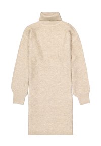 Helles beige gestricktes Kleid mit hohem Rollkragen, langen Puffärmeln, strukturiertem Blättermuster und gerippten Bündchen und Saum.