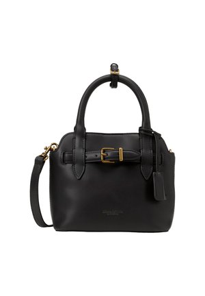 Schwarze Lederhandtasche mit strukturiertem Design, ausgestattet mit einem Schnallenakzent, goldenen Beschlägen, zwei oberen Griffen und einem abnehmbaren Schultergurt.