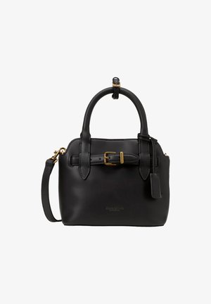 Borsa a mano in pelle nera con una forma strutturata, caratterizzata da un accento con fibbia, hardware dorato, doppi manici superiori e una tracolla removibile.