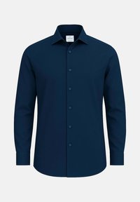 Navyblauwe longsleeve shirt gemaakt van zacht materiaal. Beschikt over een klassieke kraag, knoopsluiting en knoopmanchetten. Minimalistisch ontwerp en gladde textuur.