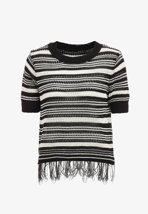 Gestreiftes Strickoberteil in Schwarz und Weiß mit kurzen Ärmeln, einem runden Ausschnitt und einem Fransen-Saum. Hat durchgehende Lochmuster.