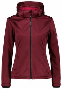 Burgunderrød softshell-jakke med høj krave, justerbar hætte og sort lynlås. Har en lynlåslukket lomme på ærmet og elastiske manchetter.
