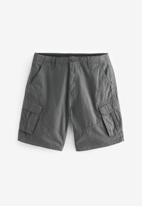 Graue Cargo-Shorts aus leichtem Material, mit mehreren Taschen, einem Knopfverschluss und einem geraden Saum.