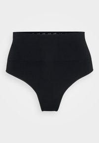 Black high-waisted seamless underwear with a smooth finish and a slightly curved leg opening against a light gray background.