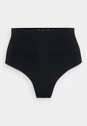 Mustad kõrge vöökohaga saumatud aluspüksid mustas värvitoonis, millel on sile pind ja veidi kaardus jalgade avad halli taustal.