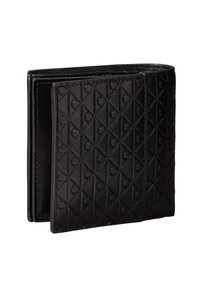 Zwarte leren portemonnee met een textuurpatroon van verhoogde diamant- en cirkelvormen. Opengevouwen ontwerp met zichtbare stikseldetails.