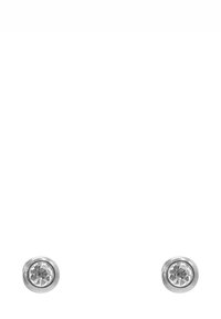 Zilveren studoorbellen met een ronde, hoogglanzende kristallen centerpiece, gezet in een gladde metalen bezel. Minimalistisch ontwerp met een gepolijste afwerking.