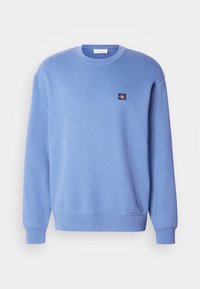 Sweat-shirt bleu clair à manches longues avec poignets et ceinture côtelés, col ras du cou, et petite étiquette de logo noire sur la poitrine gauche.