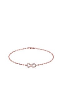 Armband aus Roségold mit einem Unendlichkeitssymbol, verziert mit klaren Strasssteinen, verbunden durch eine feine Kette mit einem Karabinerverschluss.