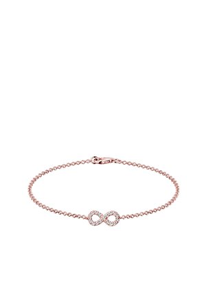 Bracelet en or rose avec un symbole infini orné de strass transparents, relié par une chaîne délicate avec un fermoir à homard.