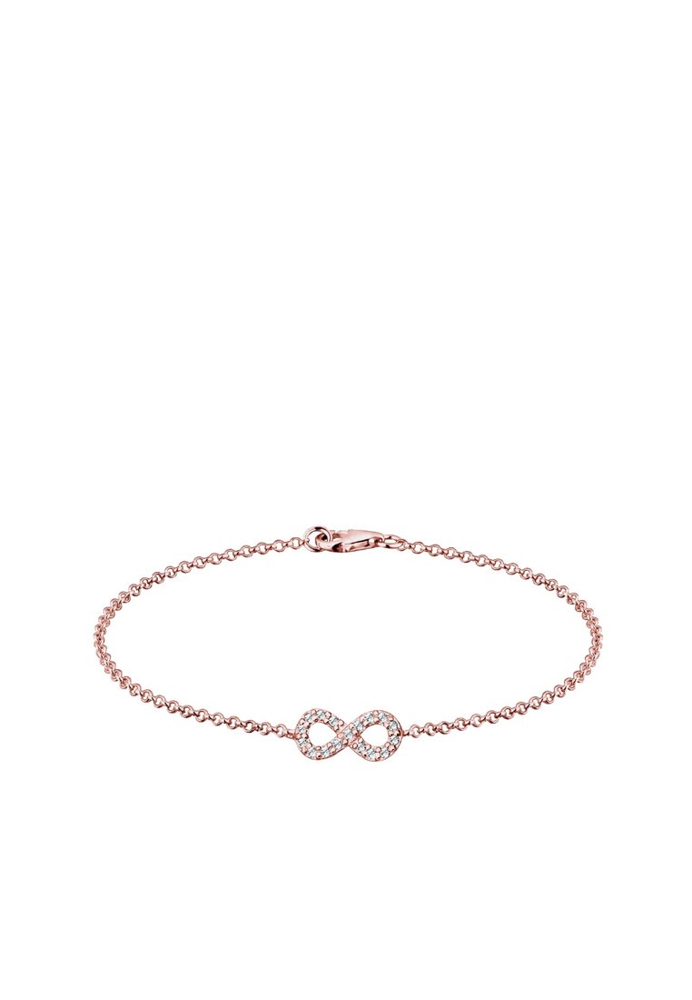 Armband aus Roségold mit einem Unendlichkeitssymbol, verziert mit klaren Strasssteinen, verbunden durch eine feine Kette mit einem Karabinerverschluss.