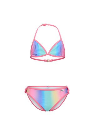 Completo bikini rosa con top a triangolo con spalline regolabili e chiusura, e slip abbinati con un motivo arcobaleno sfumato.