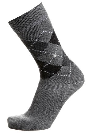 Szare skarpetki do kostek z wzorem argyle, w czarne i jasnoszare diamenty, z prążkowanym ściągaczem i okrąłym akcentem. 