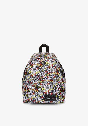 Rygsæk med farverigt abstrakt tegneseriemønster i rød, gul, hvid og sort, med Disney- og Eastpak-logo på forlommerne.